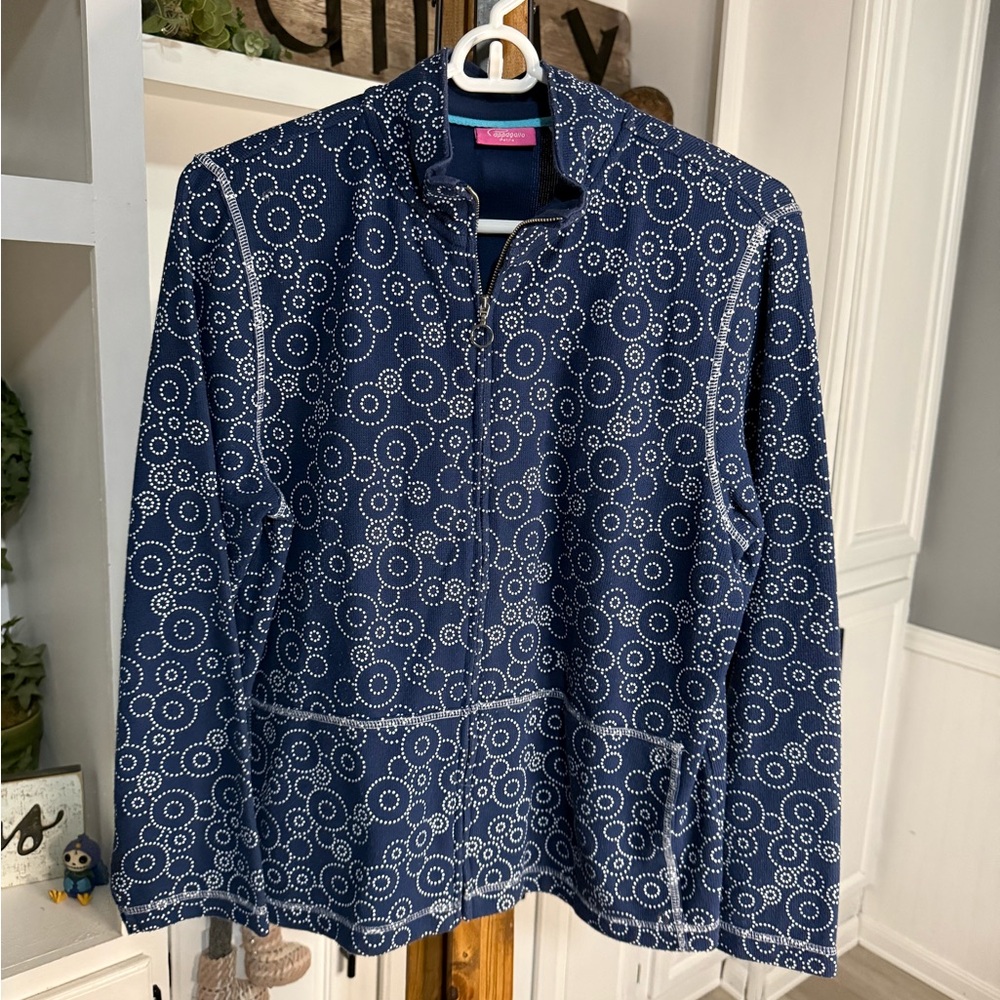Pappagallo Navy Circle Pattern Zip-Up Sweater